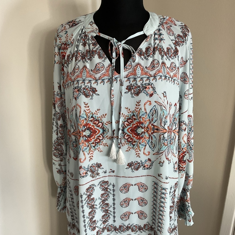 Floral Tie Neck Long Sleeve Sheath Dress L Large Boho Chic Modest Work Event - Picture 2 of 6